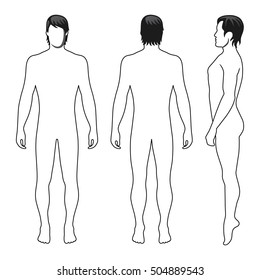 Fashion man full length outlined template figure silhouette (front, side & back view), vector illustration isolated on white background