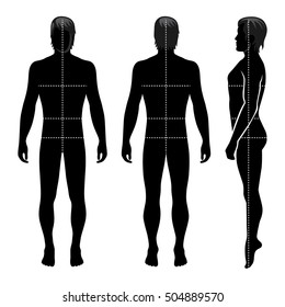 Fashion man full length template figure silhouette with marked body's sizes lines (front, side & back view), vector illustration isolated on white background