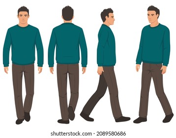 fashion man isolated walking, front, back and side view, vector illustration