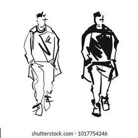 Fashion man model silhouettes hand drawn. Monochrome vector. Male fashion illustration .