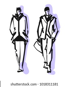 Fashion man model silhouettes hand drawn. Monochrome vector. Male fashion illustration .