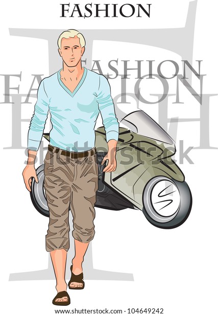 Fashion man on\
background with\
motorbike