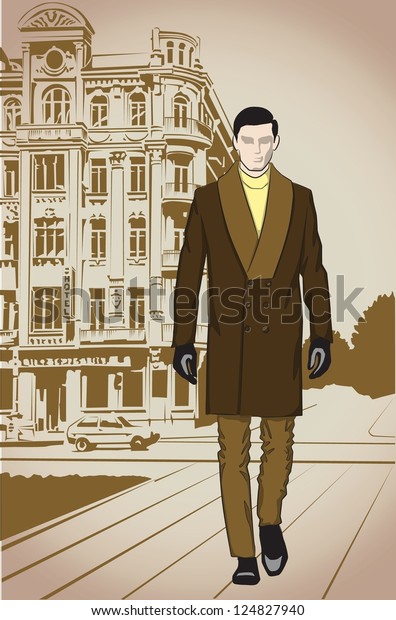 Fashion man on a\
street vintage\
background
