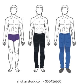 Fashion man outlined template full length front figure silhouette in jeans & brief underpants, vector illustration isolated on white background.