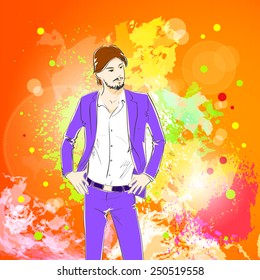 Fashion man over colorful pain splash background, male model wear blue suit vector illustration