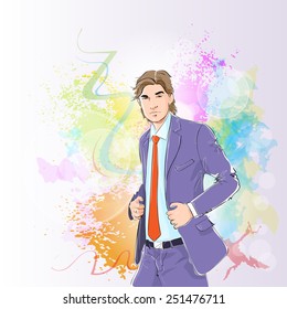 Fashion man over colorful pain splash background, male model wear blue suit vector illustration