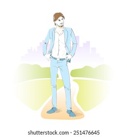 Fashion man park outdoor, male model wear blue suit vector illustration