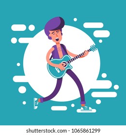 Fashion man with a psychobilly  haircut playing on acoustic guitar and sing. Cartoon illustration in flat style.