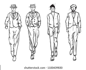 Fashion man. Set of fashionable men's sketches on a white background. Spring men.