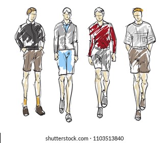 Fashion man. Set of fashionable men's sketches on a white background. Spring men.
