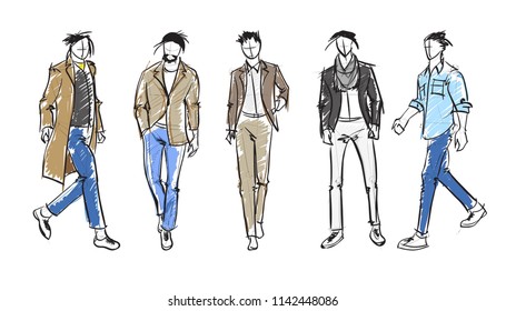 Fashion man. Set of fashionable men's sketches on a white background.