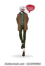 Fashion man. Sketch of a fashion man in a jacket on a white background. Autumn man. Street style