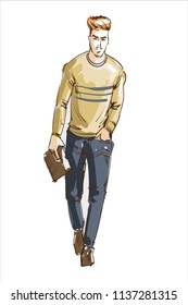 Fashion man vector illustration. Fashion man with modern hair style and casual sweater and lether handbag. Fashion model guy sketch