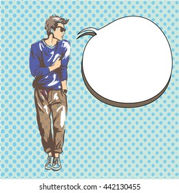 Fashion man vector illustration. Pop art comic style. Speech bubble. Blue sweater.