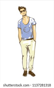 Fashion man vector illustration. Fashion man in sun glasses modern hair style and blue t-shirt. Fashion model guy sketch