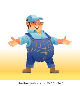 Fashion man in welcoming or offering pose with sincere smile on his face, isolated vector cartoon