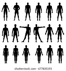 Fashion Man, Woman Body Set Full Length Bald Template Figure Silhouette (front, Back View), Vector Illustration Isolated On White Background