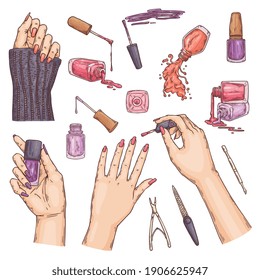 Fashion manicure of nails with color polish and care for hands in beauty salon for women. A set of vector hand drawn sketch illustrations on white background.