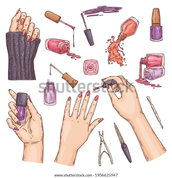 Fashion manicure of nails with color\
polish and care for hands in beauty salon for women. A set of\
vector hand drawn sketch illustrations on white\
background.