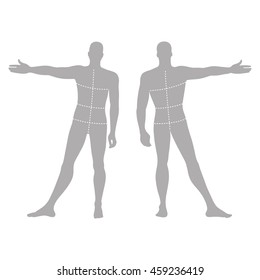 Fashion man's solid template figure silhouette (front & back view) with marked body's sizes lines, vector illustration isolated on white background