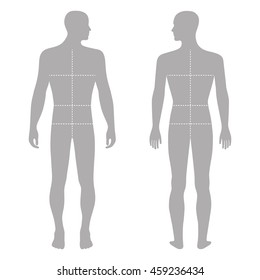 Fashion man's solid template figure silhouette (front & back view) with marked body's sizes lines, vector illustration isolated on white background