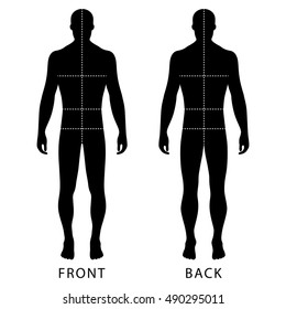 Fashion man's solid template figure silhouette (front & back view) with marked body's sizes lines, vector illustration isolated on white background