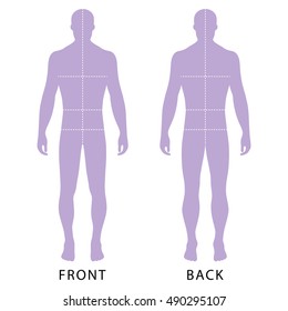 Fashion man's solid template figure silhouette (front & back view) with marked body's sizes lines, vector illustration isolated on white background