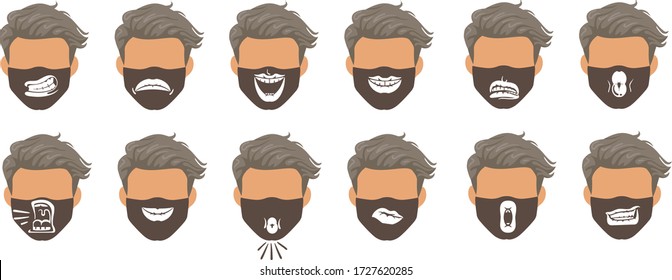 Fashion mask  Collection emoticons mouth  Fashion style mask for men  Pattern for printing in black white fabric  Feeling smiling  laughing  sulking  blowing  kissing  Comedy   interesting 