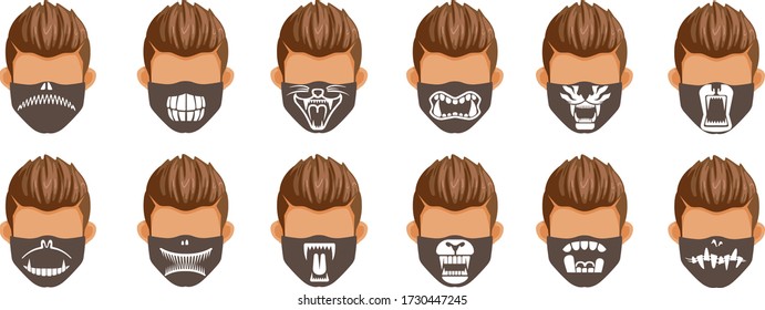 Fashion Mask Set. Collection Of Animal Fangs. Draw The Mouth And Teeth Of Wild Animals. Fashion Styles For Men Black And White Print Pattern On Fabric. Halloween Fashion. Funny And Interesting.