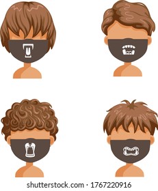Fashion mask set. Collection of animal fangs. Draw the mouth and teeth of wild animals. Fashion styles for men black and white print pattern on fabric. Halloween fashion. Funny and interesting.