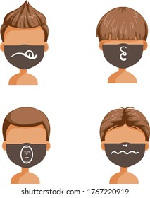 Fashion mask set. Collection of animal fangs. Draw the mouth and teeth of wild animals. Fashion styles for men black and white print pattern on fabric. Halloween fashion. Funny and interesting.