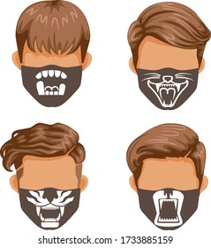 Fashion mask set. Lips, mouth, tongue, teeth collection, fashion style masks for men. Pattern for printing in black white on fabric. Halloween fashion, fangs of ghosts or demons. Funny and interesting