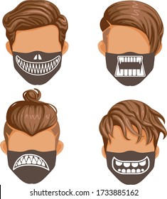 Fashion mask set. Lips, mouth, tongue, teeth collection, fashion style masks for men. Pattern for printing in black white on fabric. Halloween fashion, fangs of ghosts or demons. Funny and interesting