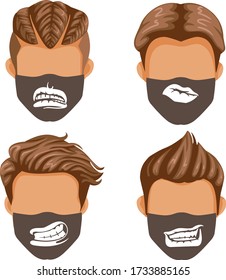 Fashion mask set. Lips, mouth, tongue, teeth collection, fashion style masks for men. Pattern for printing in black white on fabric. Halloween fashion, fangs of ghosts or demons. Funny and interesting