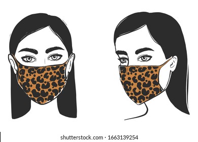 Fashion medical mask. Leopard print for glamour girls, women. Ordinal healthcare remedy with unusual design. Protection against dust, pollution, allergens, virus, bacteria. Full face and 3/4 view.