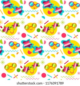 Fashion memphis stylish bright seamless pattern with smiles. Vector
