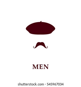 Fashion men beret and mustache icon in flat style. Vector illustration.