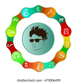 Fashion and men. A circle with a set of icons.
