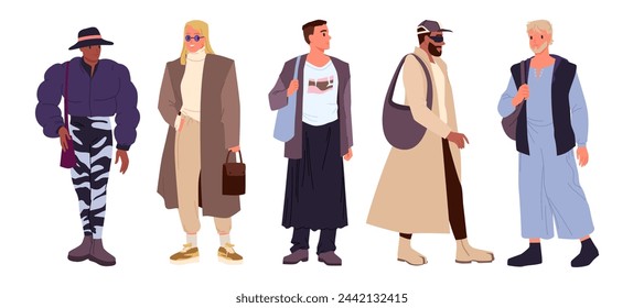 Fashion men in modern trendy outfits set. Young handsome guys wear clothes and hats in casual style, male models standing and walking in stylish sunglasses, classy coats cartoon vector illustration