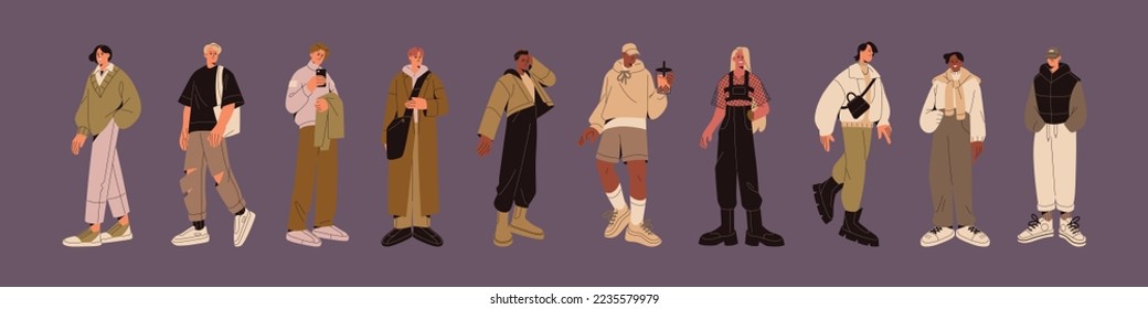 Modemane in stilvollem Outfits Set. Junge männliche Charaktere mit modernen trendigen Apparels. Jungs Kleidung, modische Straße sieht mit Mänteln, Jacken aus. Einzelne flache grafische Vektorgrafik