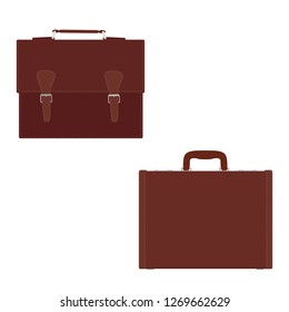 Fashion men's brown leather bag, briefcase, diplomat isolated on white background for design. Front and back view. Vector illustration
