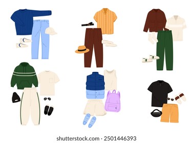 Fashion mens outfit set. Summer and spring casual clothes and shoes, accessories of young man bundle collection, sneakers and sportswear with backpack, shirt and pants cartoon vector illustration