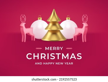 Fashion Merry Christmas modern greeting card template realistic 3d icon vector illustration. Happy New Year pink banner Xmas bauble horned deer golden spruce and white elegant fir tree ball toy design