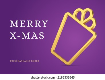 Fashion Merry Christmas purple greeting card template festive gift box frame bauble realistic 3d icon vector illustration. Happy New Year violet web banner present surprise border toy trendy design
