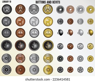 FASHION METALLIC BUTTONS AND REVIT FOR DENIM, JEANS, JACKETS, COATS AND FOR ALL KIND OF TEXTILE IN EDITABLE VECTOR SKETCH