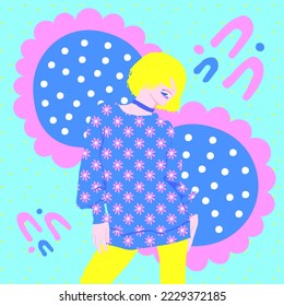 Fashion minimal flat vector illustration. Summer Vacation Girl. Spring flowers vibes