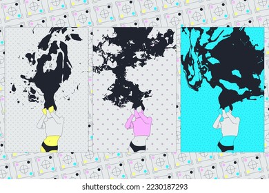 Fashion minimal flat vector illustration banner. Glamor retro Girl and geometry abstract surreal design