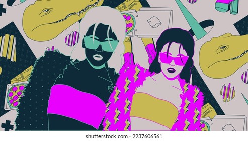 Fashion minimal illustration art. Disco party fashion Lady. Retro colors design
