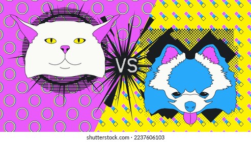 Fashion minimal illustration art. Dog vs Cat. Funny trippy design banner