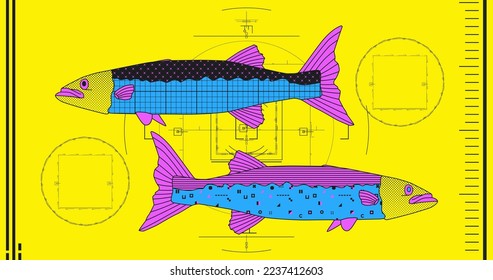 Fashion minimal illustration art. Fish retro banner creative colors design